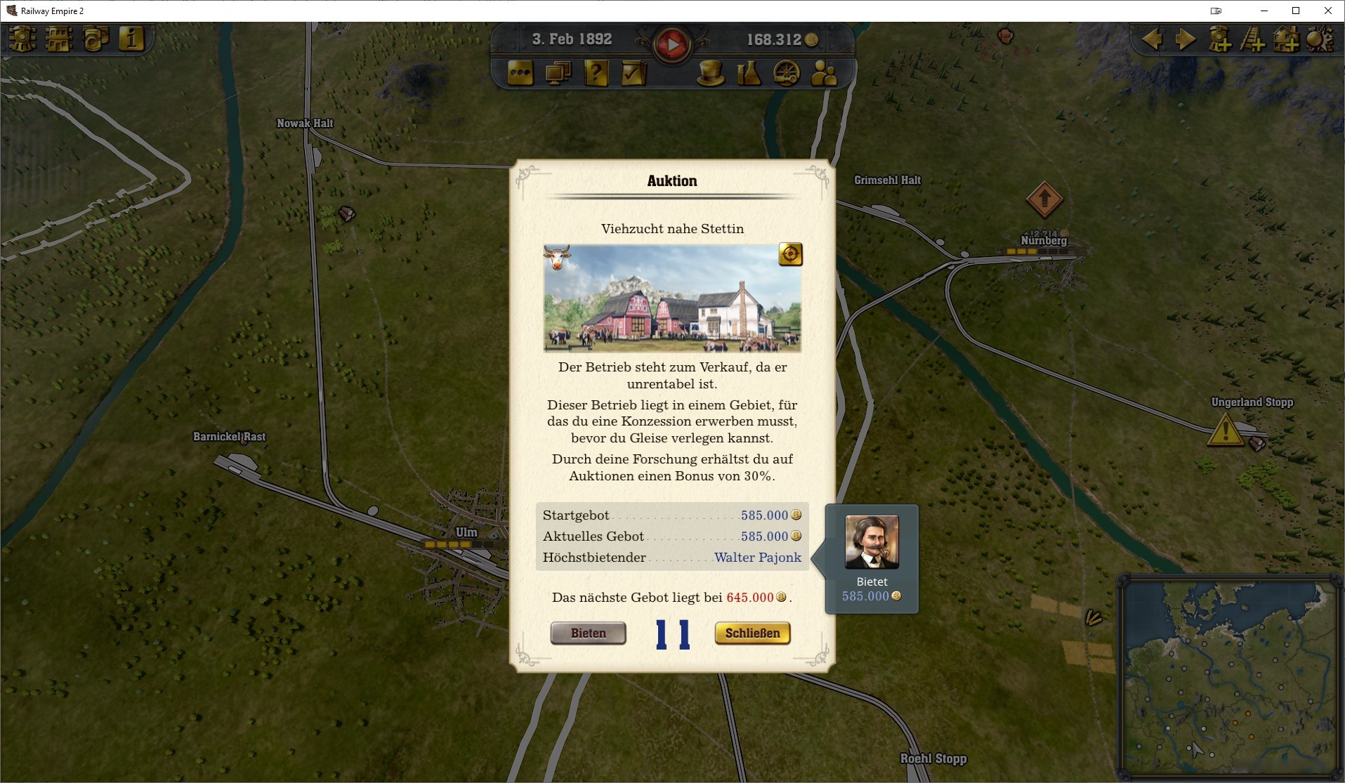 Screenshot: Auction Screen in Railway Empire 2